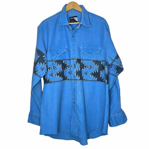 Vtg Wrangler USA Blue Aztec Long Sleeve Casual Button Down Shirt Neck 17.5 - 35